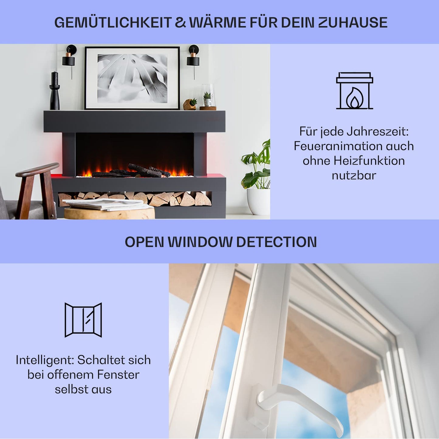 Klarstein decorative fireplace with LED flames, electric fireplace with heating, 2000W electric fireplace, energy-efficient electric fireplace, wall fireplace with remote control & timer, electric fireplaces with MDF housing.
