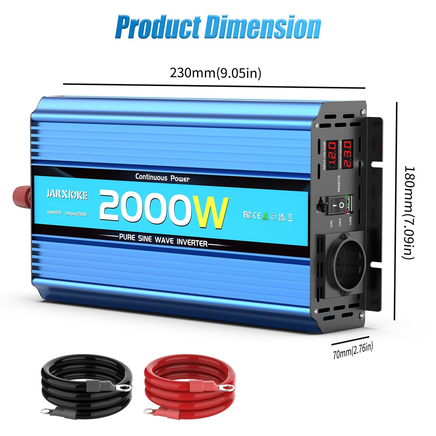2000W Pure Sine Wave Inverter 12V to 230V Power Inverter DC Converter with AC Outlets USB Ports and LED Display for RV Car (Peak Power 4000 Watt)