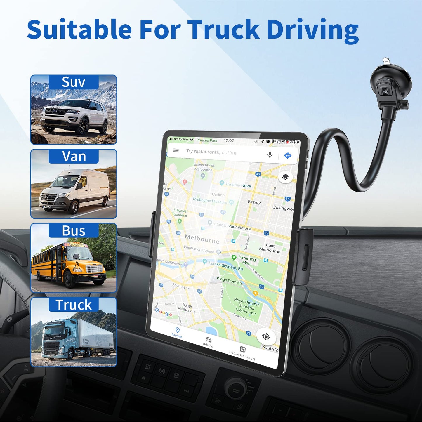APPS2Car tablet holder for car, suitable for 7.9-11 inch tablets like iPad mini/9.7/10.2/10.5 and more. Features a 13" long arm, anti-vibration design, and 360 degree adjustability.