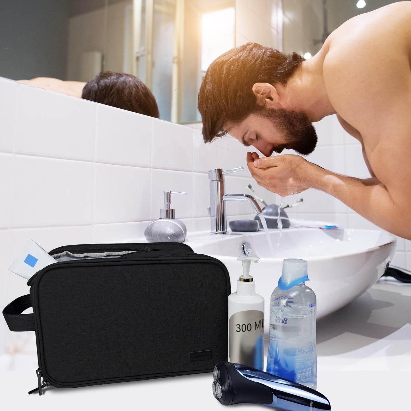 Gloppie toiletry bag for men and women. Large 10L waterproof travel wash bag with wet/dry pouch. Ideal for kids, adults, in black.