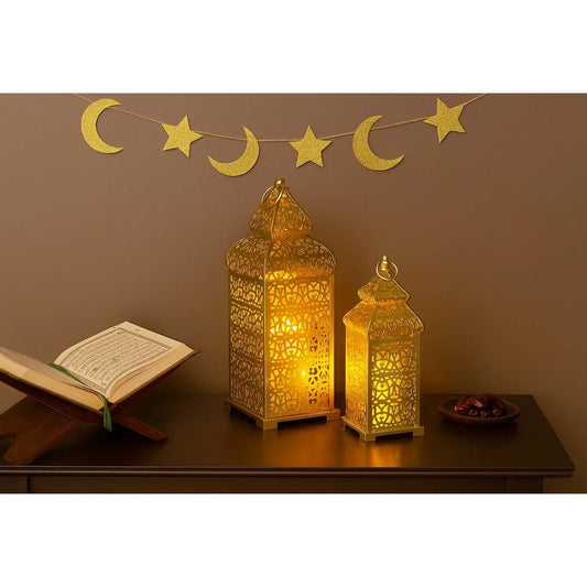 VELA LANTERNS Large golden temple Moroccan lantern lamp Decorative candle holders for Ramadan decorations, hanging, outdoor patio or porch, interior decor, gold, 2 pieces
