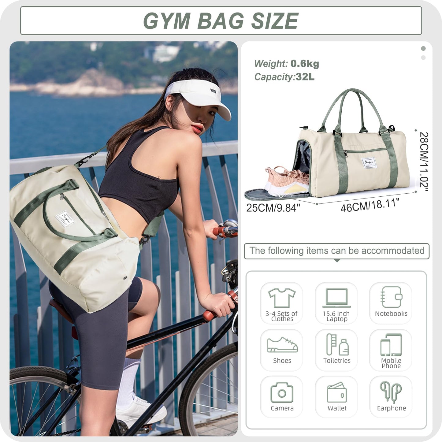HYC00 Sport Duffel Bag for Men and Women, Gym Bag with Wet Pocket & Shoe Compartment, Travel Duffel Bags Overnight Bag Travel Bag Carry-on Bag Fitness Bag Workout Bag Weekender Bag, Beige Green