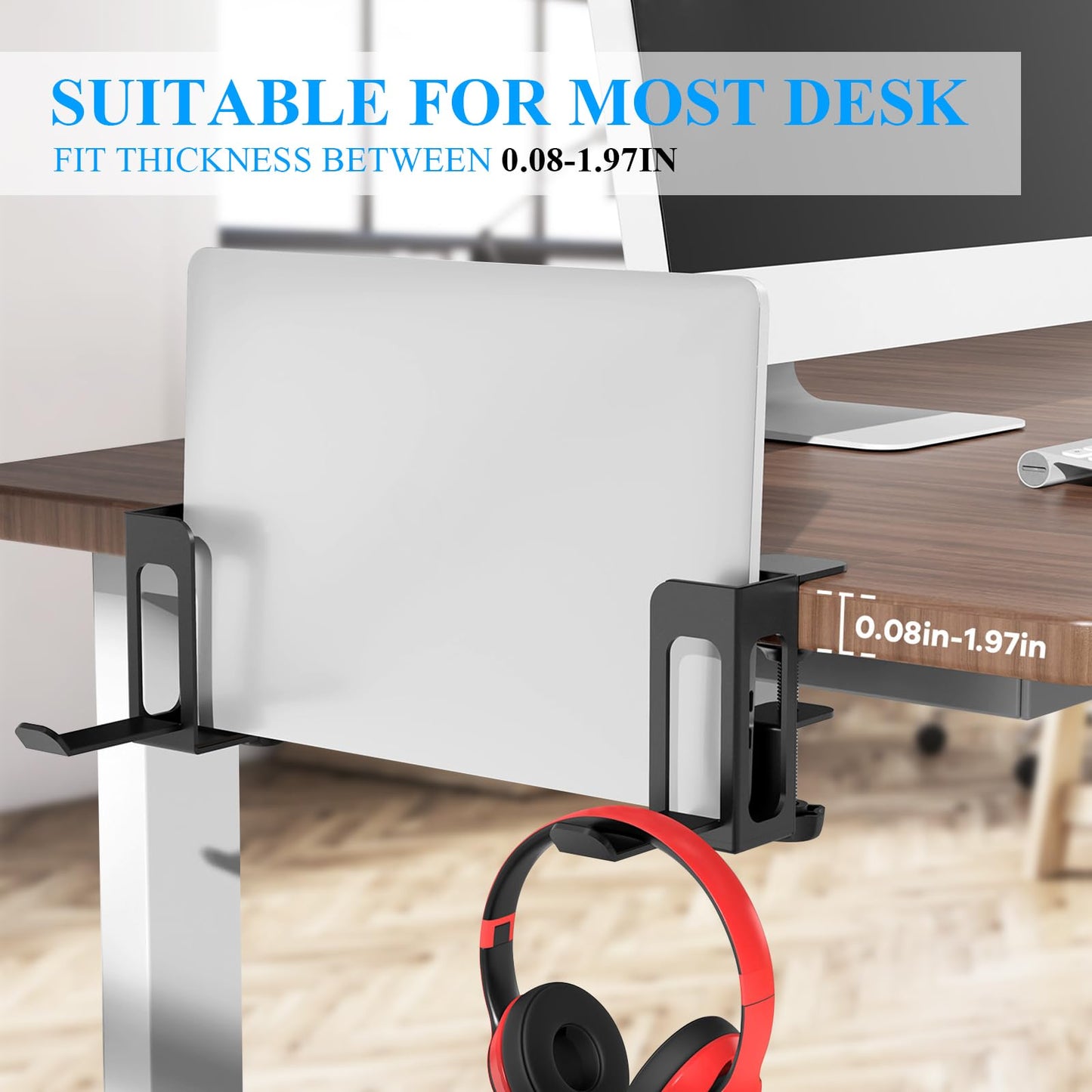 2 Side Hanging Laptop Organizers for Desk, Adjustable Desk Side Storage, Generic Office Desk Side Laptop Holder, Metal Laptop Stand without Drilling (Black)