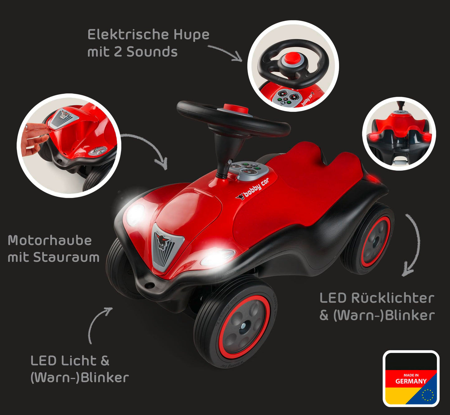 BIG Bobby Car Next 2.0 (red) - Slide car for ages 1 and up with LED lights, storage, sound steering wheel, whisper wheels, and new features, vehicle for children ages 1-5 (max. 50 kg)