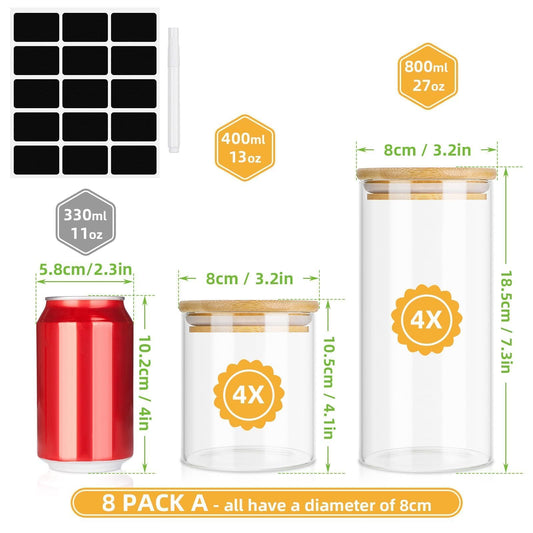 Lannvan Glass Storage Jars with Lid, 8-piece Set, airtight Glass Storage Containers with Wooden Lid for Pasta, Cereals, Granola, Beans Storage - 4x 800ml + 4x 400ml.