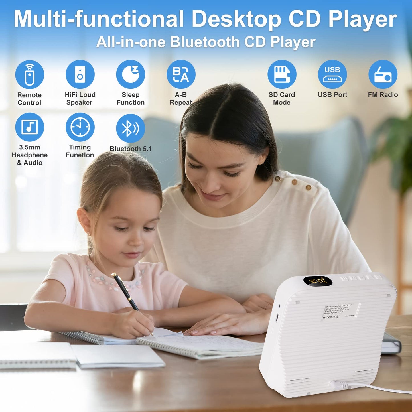 Liphier Portable Bluetooth Music CD Player - Desktop Multifunctional Kpop CD Player with HiFi Sound Speakers, LED Screen, Dust Cover, Remote Control.