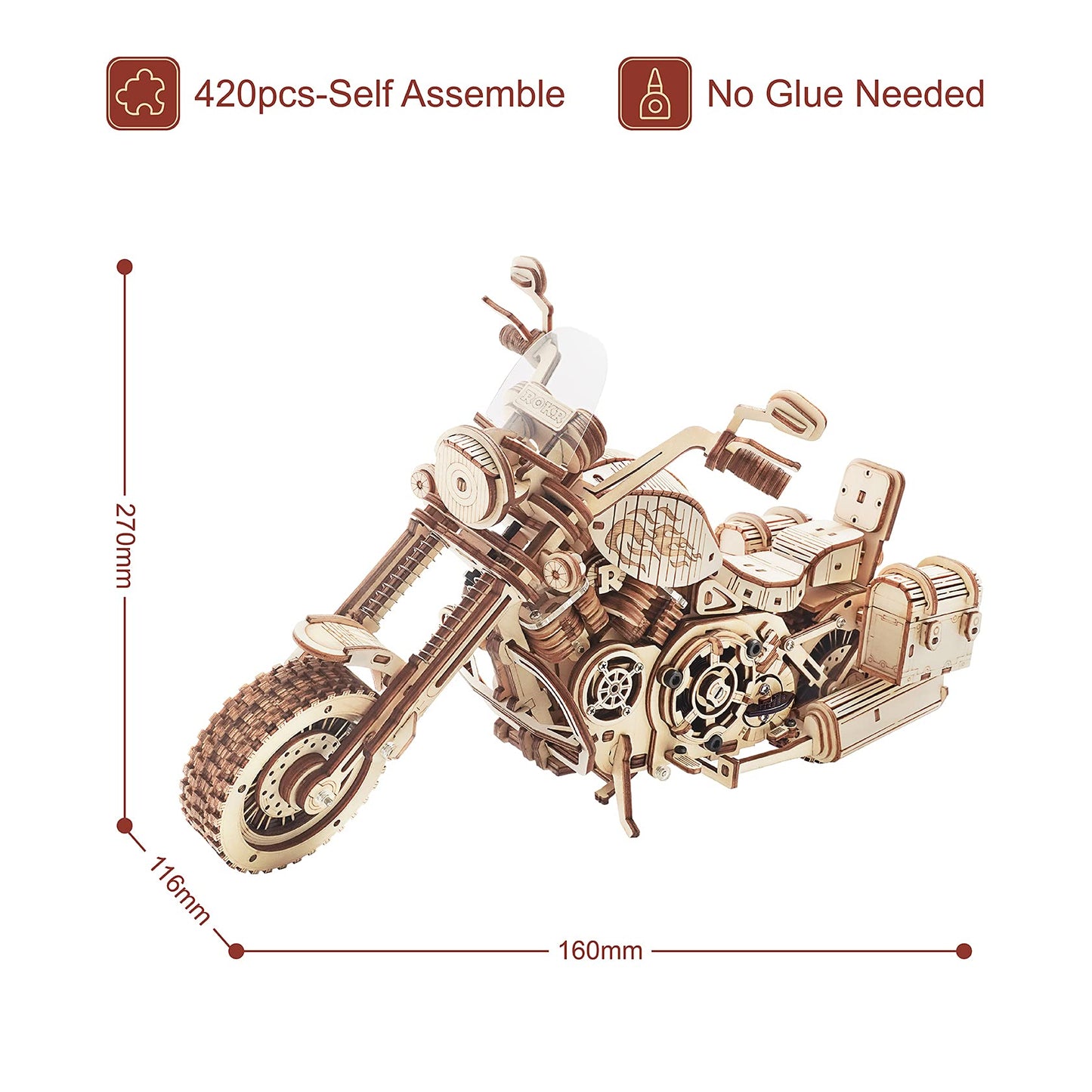 ROKR 3D Puzzle Wooden Building Set Mechanical Gear Model Cruiser Motorcycle for Kids Adults.