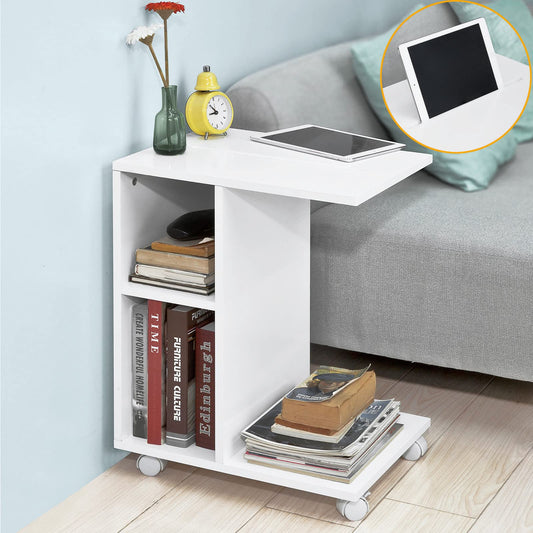 SoBuy C-shaped sofa side table with 2 storage shelves & tablet holder, modern coffee table on wheels for living room, White FBT48-W