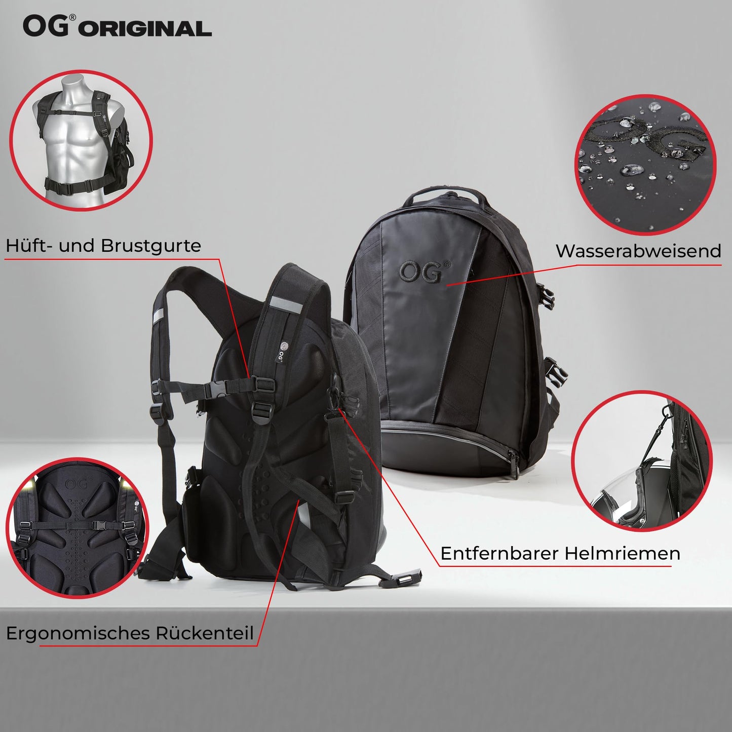 OG Original EZ-RiderPRO Motorcycle Backpack Black Expandable 28-35L, Motorcycle Helmet Bag, Helmet Carrying Strap, Waterproof, Laptop Compartment, Reflective, Black Logo