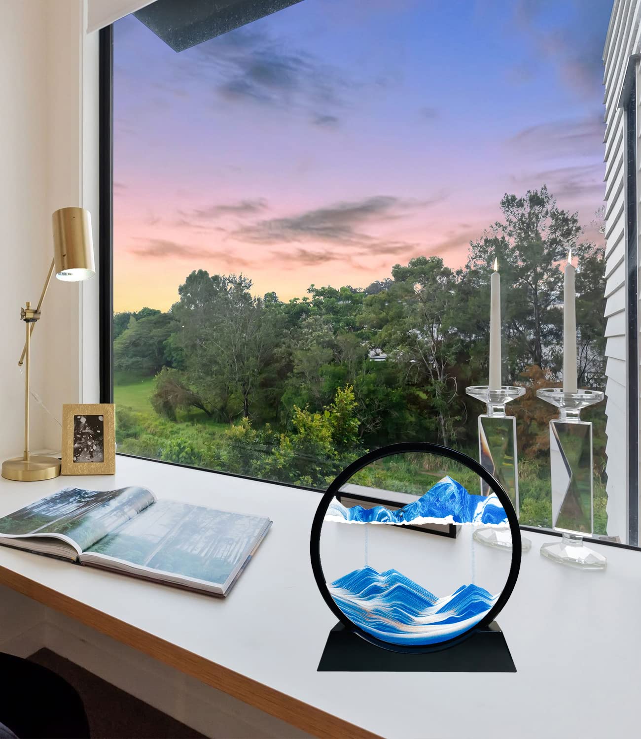 Dynamic 3D rotating sand art, Flowing sand painting in circular glass frame, Moving sand picture Natural landscape, Blue ocean, Relaxing desktop art decoration (Blue, 12")