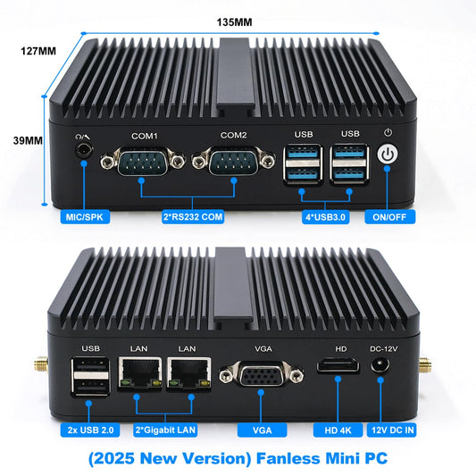 WEIDIAN Industrial PC Fanless Mini PC Celeron J4125, 8GB RAM 128GB SSD, 2RS232 COM, 2Gigabit LAN, HD+VGA, Win11 Fanless Industrial Fanless Embedded Mini Computer Linux Auto Power On.
