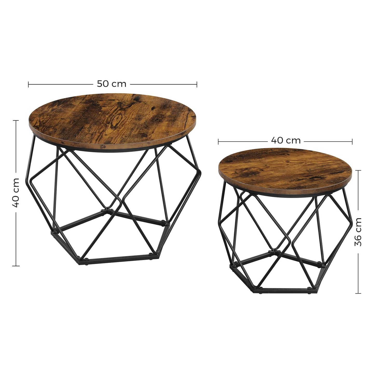 VASAGLE round coffee table, set of 2, living room table, side table, vintage flair, removable tabletop, for living room, vintage brown-ink black LET040B01