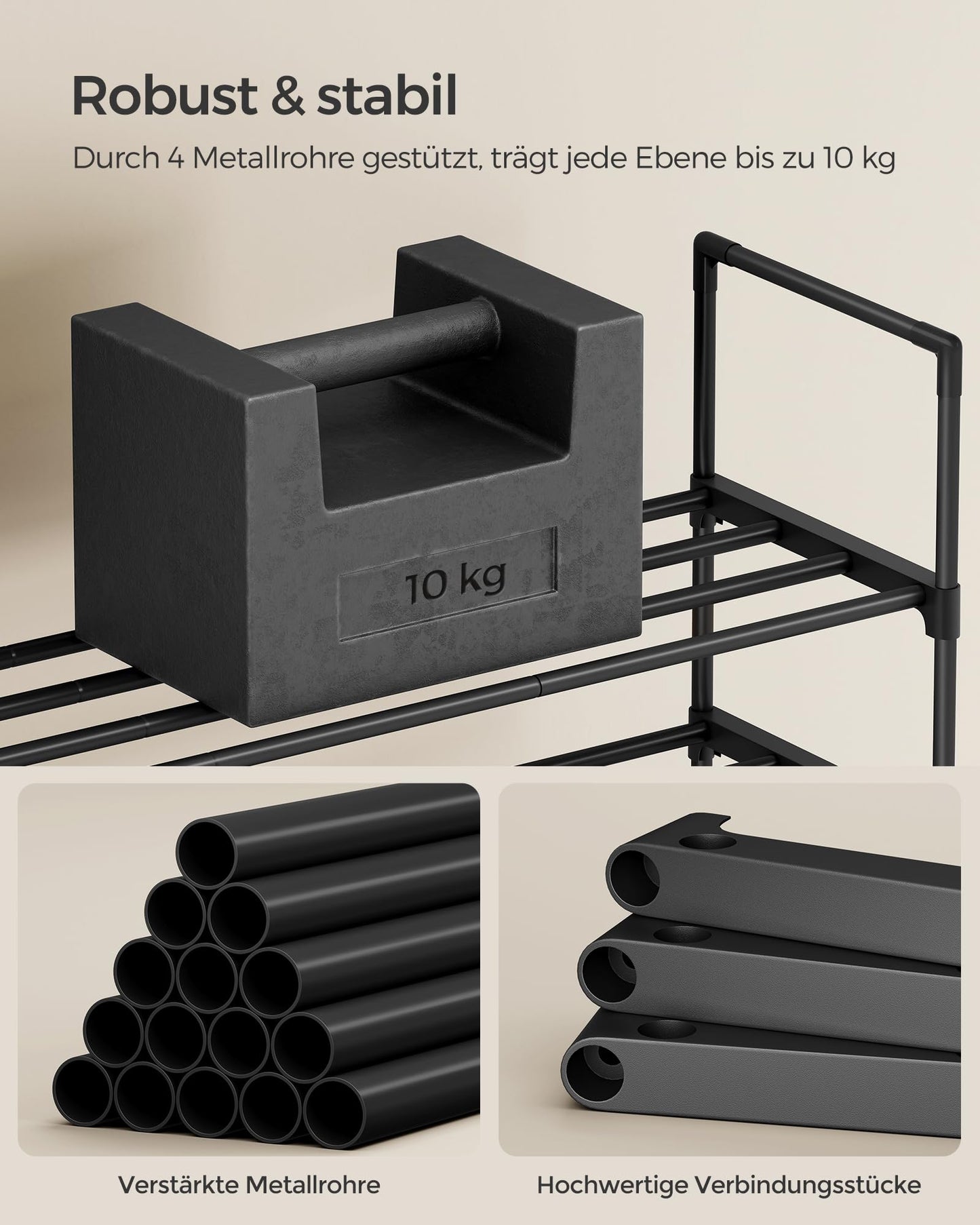 SONGMICS 4-tier shoe rack, made of metal, shoe storage, shoe organizer, can be used vertically or horizontally, holds 20-25 pairs of shoes, stackable, for hallway, 30 x 92 x 75 cm, black LSA14BK