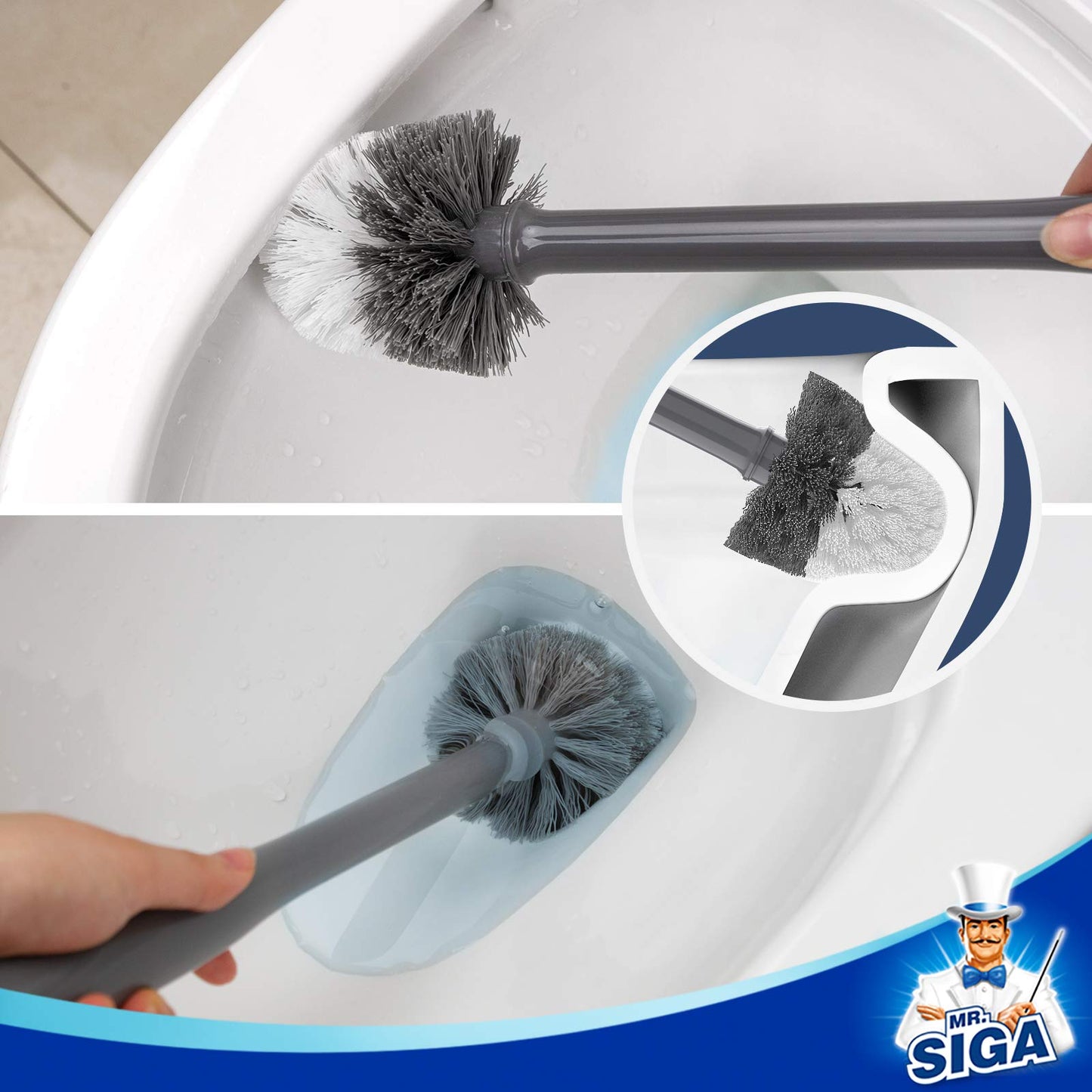 MR.SIGA Toilet Brush with Holder, featuring fast-drying container and sturdy handle. Premium bathroom brush in Gray.