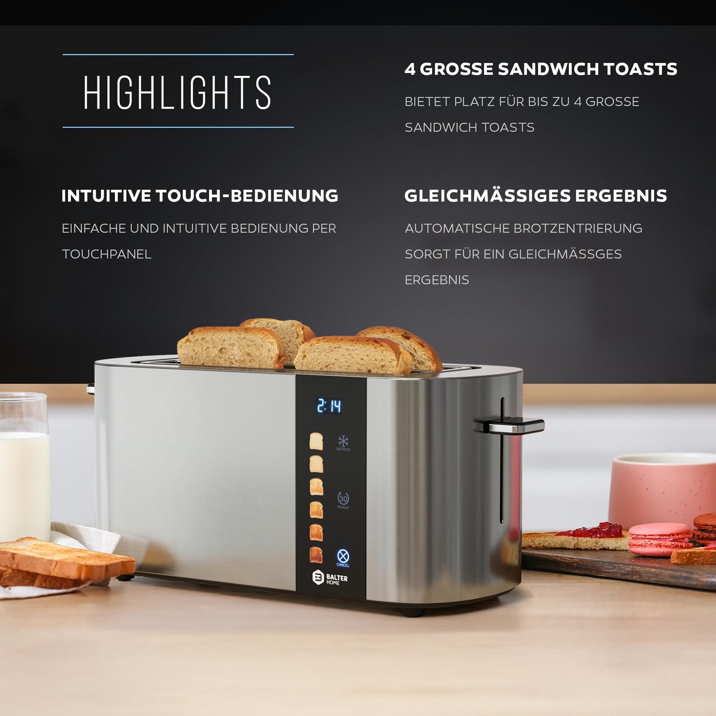 Balter 4-Slice Toaster, Touch Control, Long Slot, Stainless Steel, Bun Warmer, LCD Display, Defrost Function, Bread Centering, TS-34