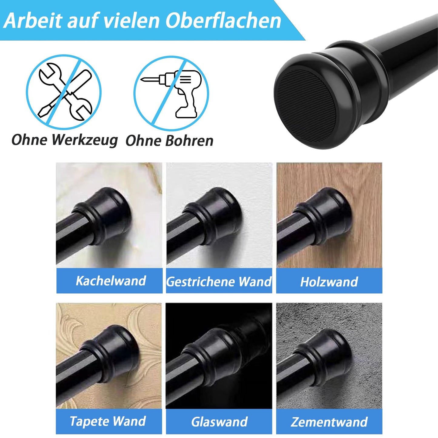 1Piece Curtain Rod No Drill Shower Rod Extendable Clothes Rod for Window, Closet, Bathroom 62-85CM Black (diameter 25mm)