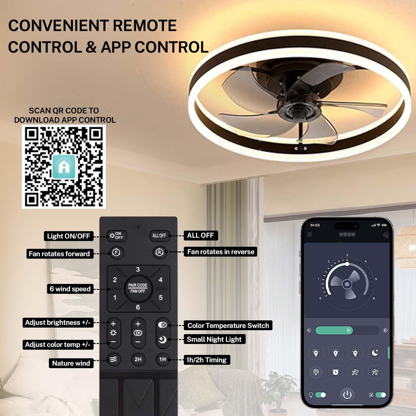 EIDISUNY Ceiling Fan with Light, Modern LED Ceiling Lamp with Fan and Remote Control, 3 Color Temperatures, Quiet Ceiling Fan with Light for Living Room Bedroom (Black-60W)