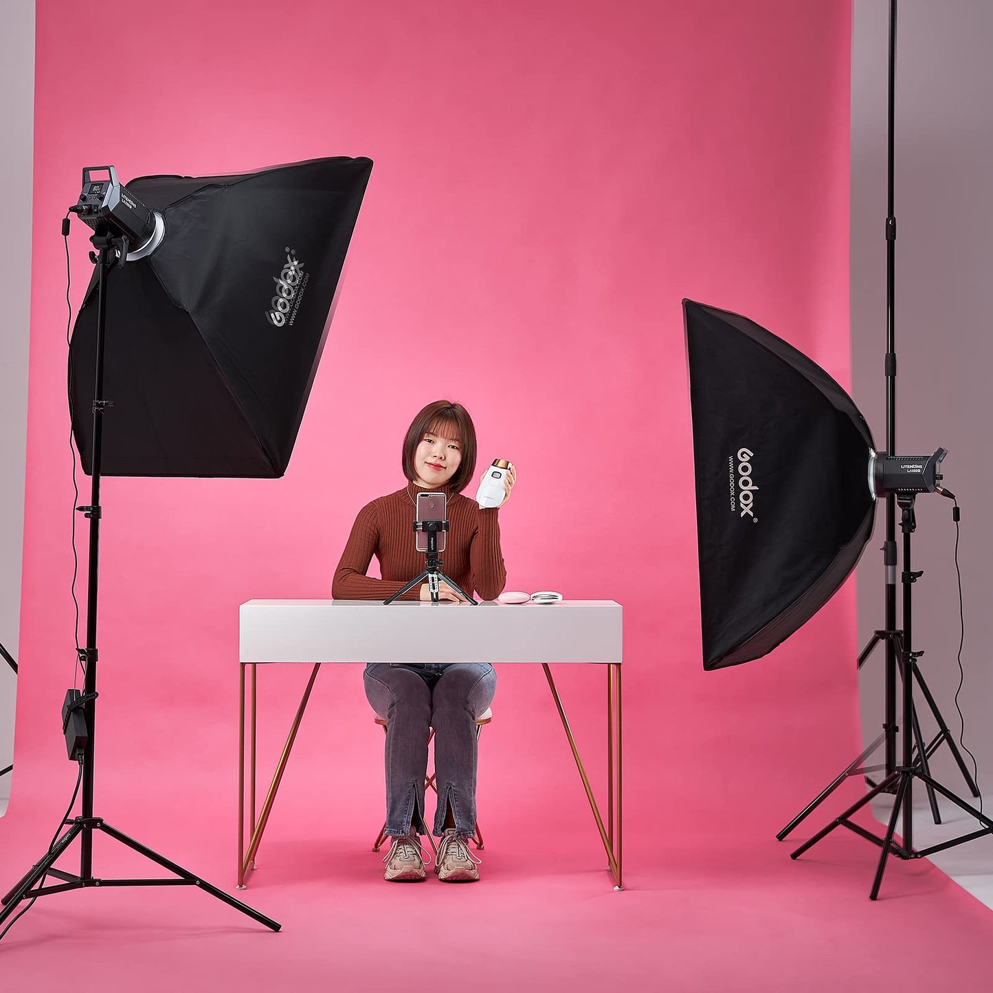 2 Pack GODOX LA150D LED Video Light Kit, Litemons LED Continuous Light with softbox light stands for photo studio
