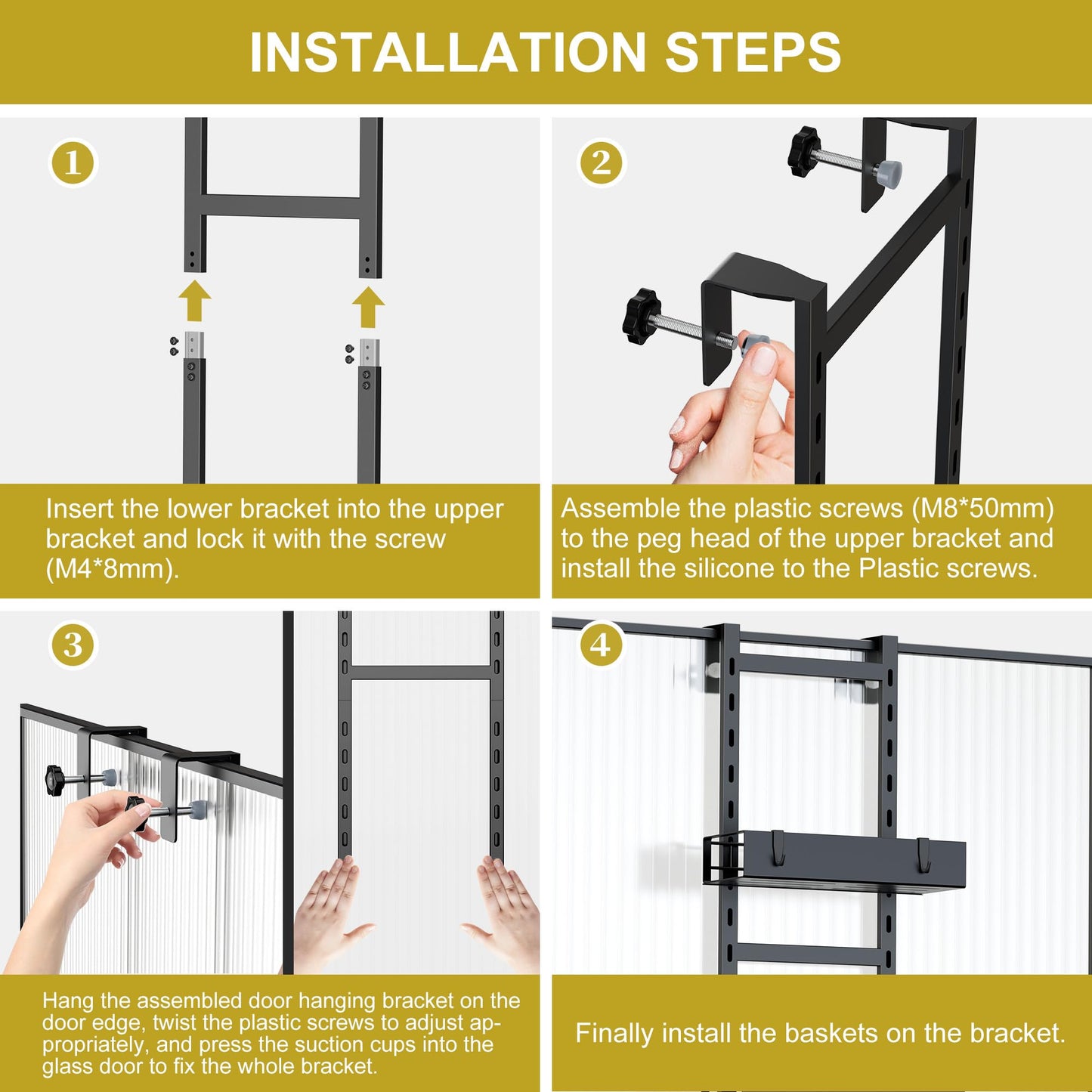 Orimade hanging shower caddy with hooks, adjustable shower shelf without drilling, 4 piece hanging shower basket for frameless glass door black.