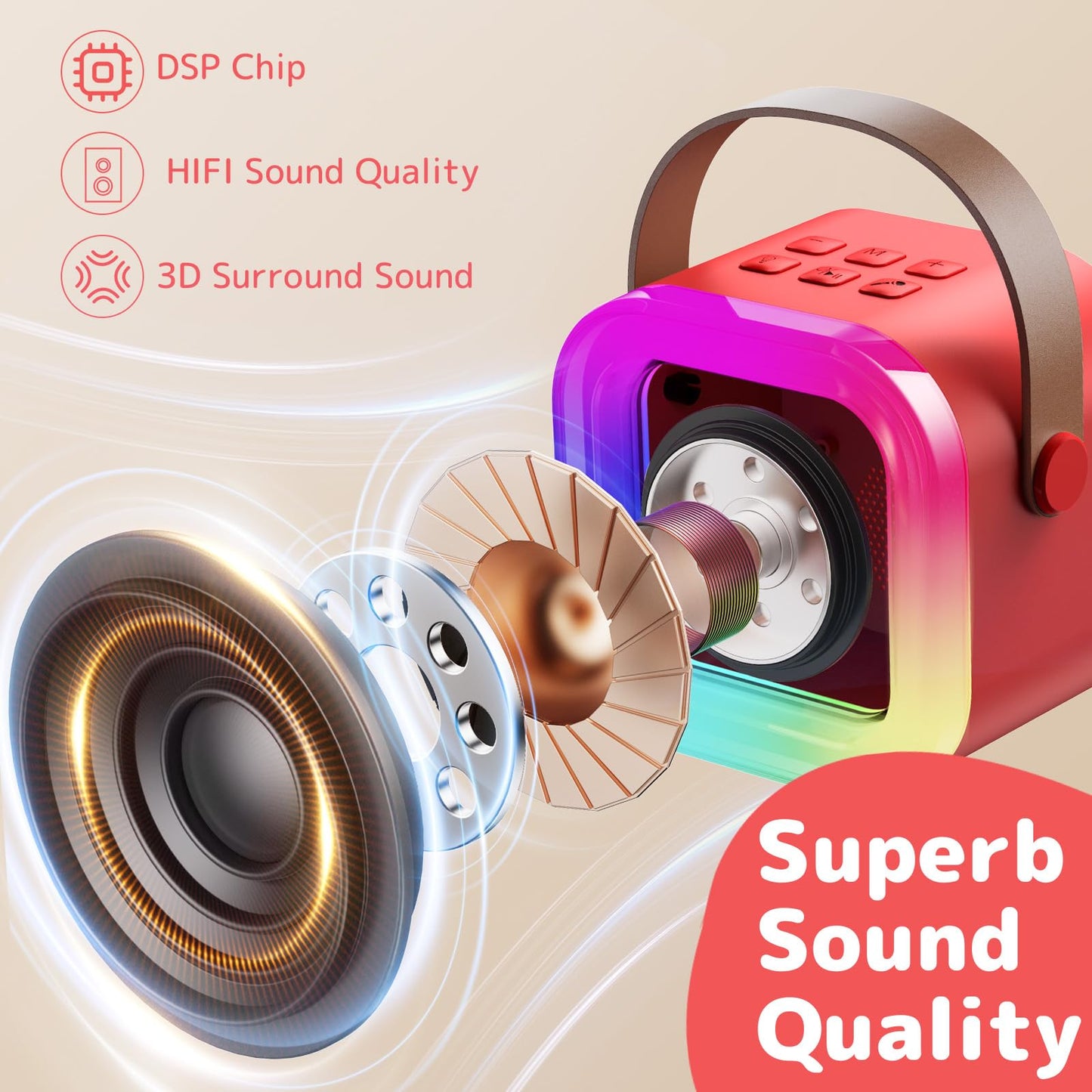 Fede Karaoke machine for kids and adults, mini karaoke machine with 2 microphones, portable Bluetooth speaker with voice effects & LED lights, gifts toys for girls and boys.