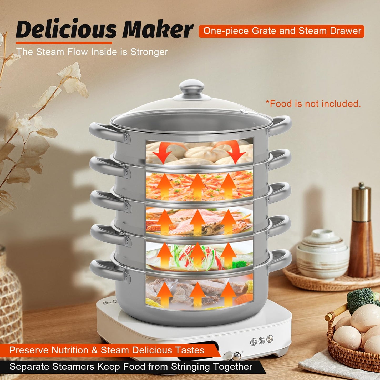 Steamer steam cooker, 5-tier stackable stainless steel steamer pot with glass lid, diameter 26/28/30cm (30cm)