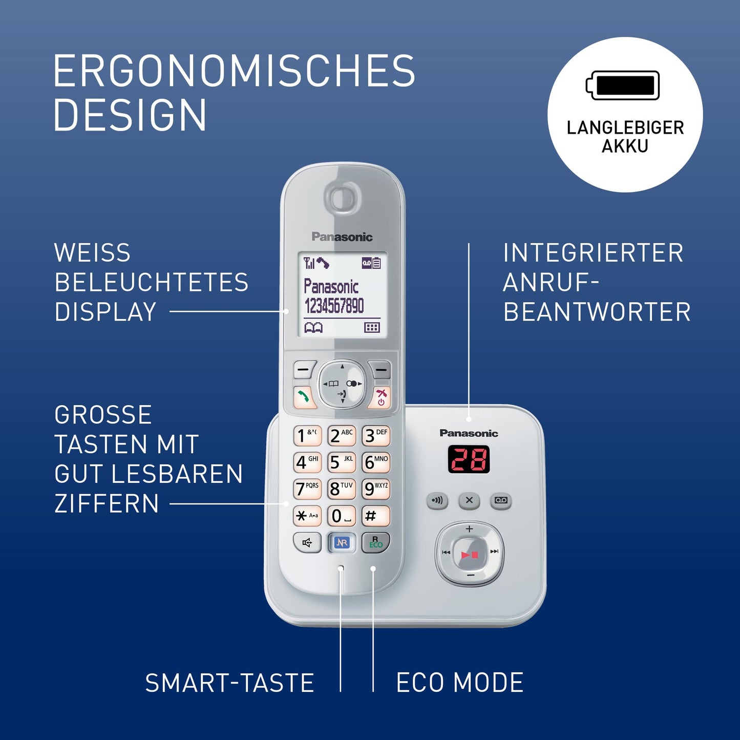 Panasonic KX-TG6822GS DECT cordless telephone with answering machine (low radiation, eco mode, GAP phone, landline, call block, duo) pearl-silver.