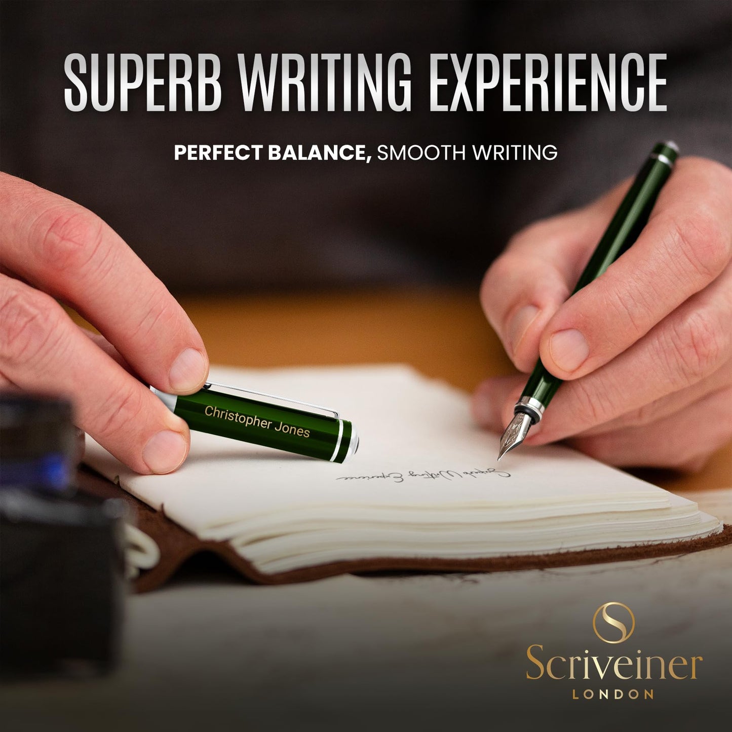 Scriveiner British Racing Green Personalized Pen - Stunning Green Lacquer Luxury, Chrome Finish, German Schmidt Nib (Medium), Best Engraved Fountain Pen Gift Set, Name Engraving