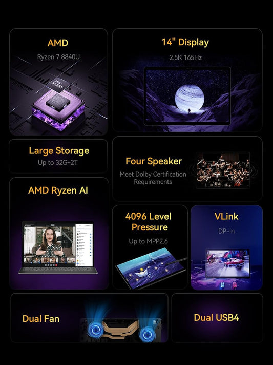 MINIS FORUM V3 3-in-1 Tablet PC, AMD Ryzen 7 8840U 14-Core Laptop with up to 5.1GHz, AMD Radeon 780M, 32GB LPDDR5/1TB M.2 PCIE, 100% P3 color space, 2xUSB4/USB-C, English keyboard.