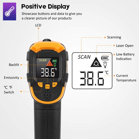Infrared Thermometer SOVARCATE Digital Laser Temperature Gun -58°F~1112°F (-50°C~600°C) Non-Contact Non-Human Body Thermometer - for Cooking/Barbecue/Freezer/Industrial