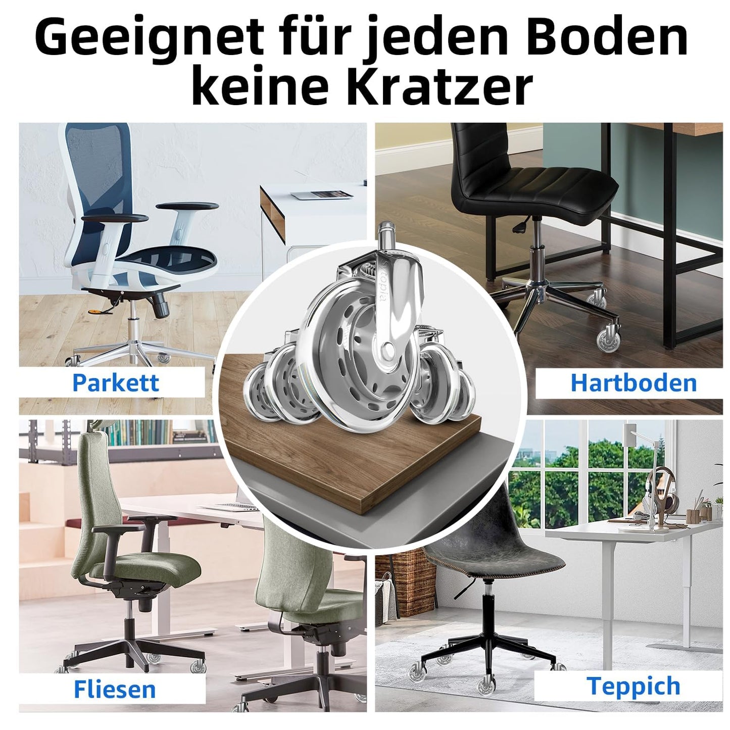 Sytopia office chair casters 11mm, casters for office chairs 11mm x 22mm, rubber office chair wheels 5-piece set for hard floors, parquet, laminate, floor mats, DOES NOT FIT 10mm pin (Silver)