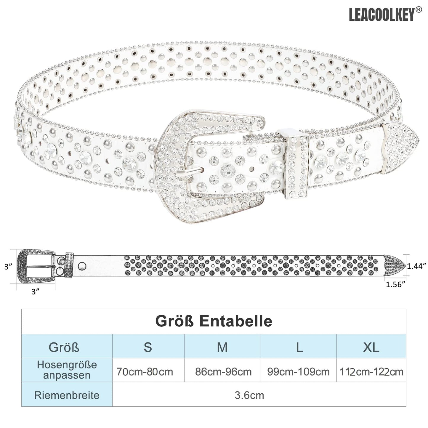 LEACOOLKEY Rhinestone Belt for Women for Jeans, Western Cowgirl Rivet Punk PU Leather Belt, Women's Black Rhinestone Belt (S: Fit waist size 70cm-80cm = 105cm total length, B-White)