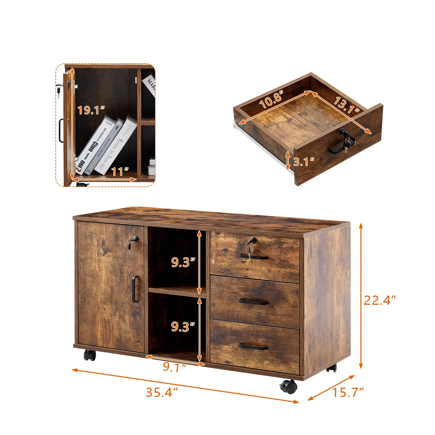 OFCASA Mobile File Cabinet with 3 drawers, lockable office rolling cabinet with wheels, 1 door, 2 shelves, 2 locks, industrial wood storage cabinet for home office, 90 x 40 x 55 cm