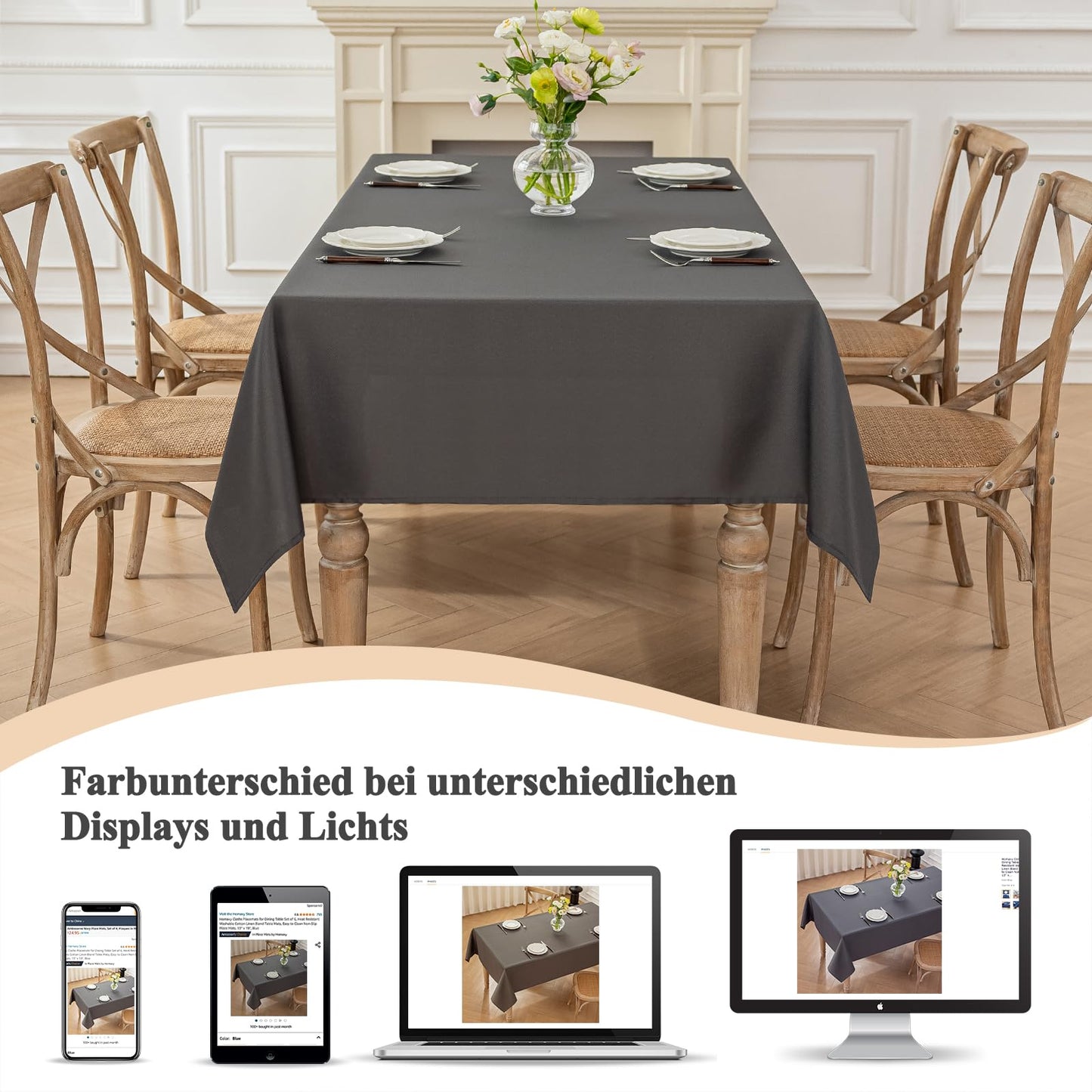 Moonooda tablecloth Dark Grey Washable, 140X300cm Tablecloths Tablecloth made of polyester, Resistant to water with lotus effect, Durable Scratch-resistant for home, weddings, parties