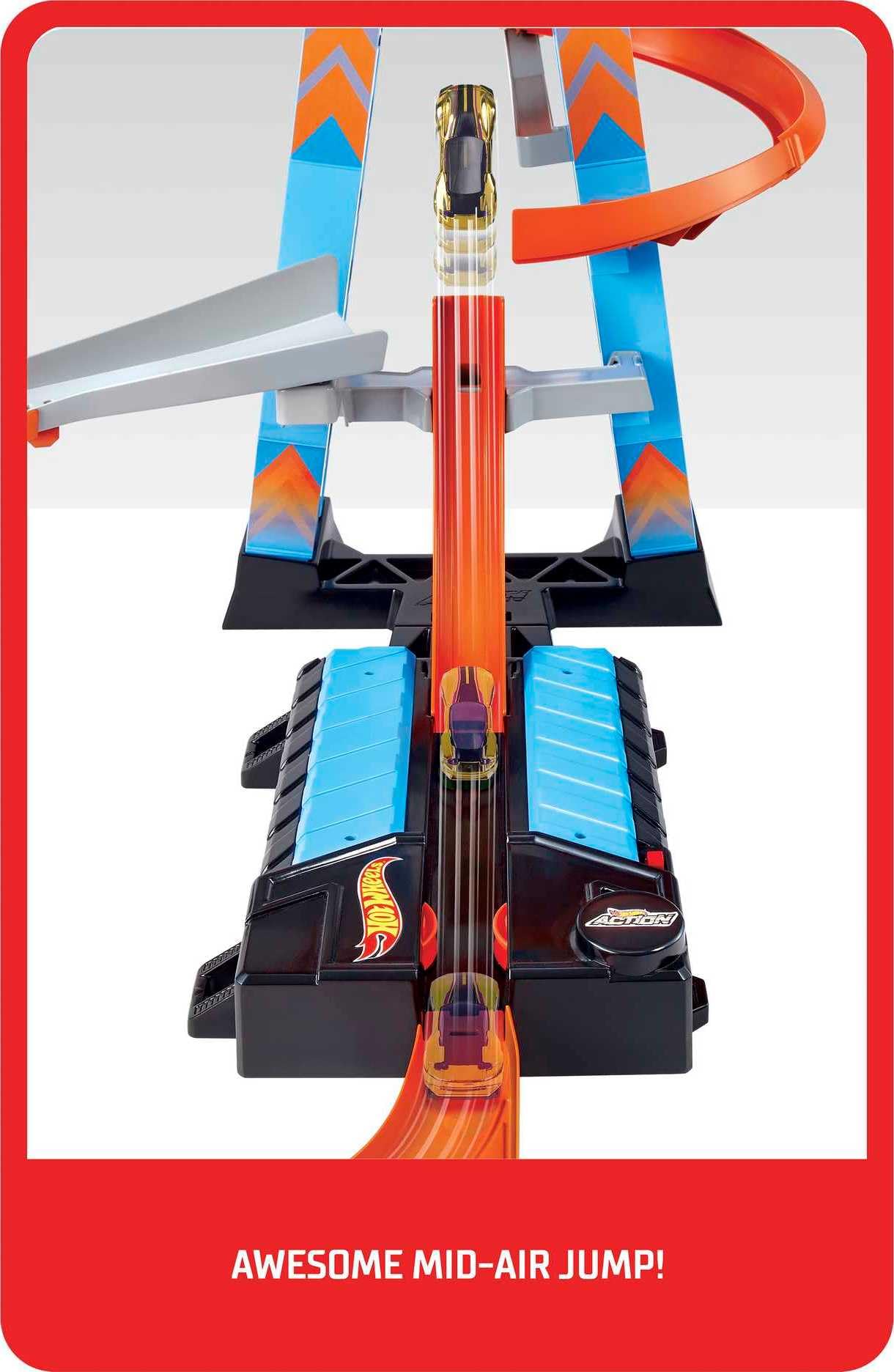 Hot Wheels Sky Crash Tower, 60cm tall with battery-powered booster and orange track with loop, gift for kids ages 5-10, variations in packaging may occur, GWT39.