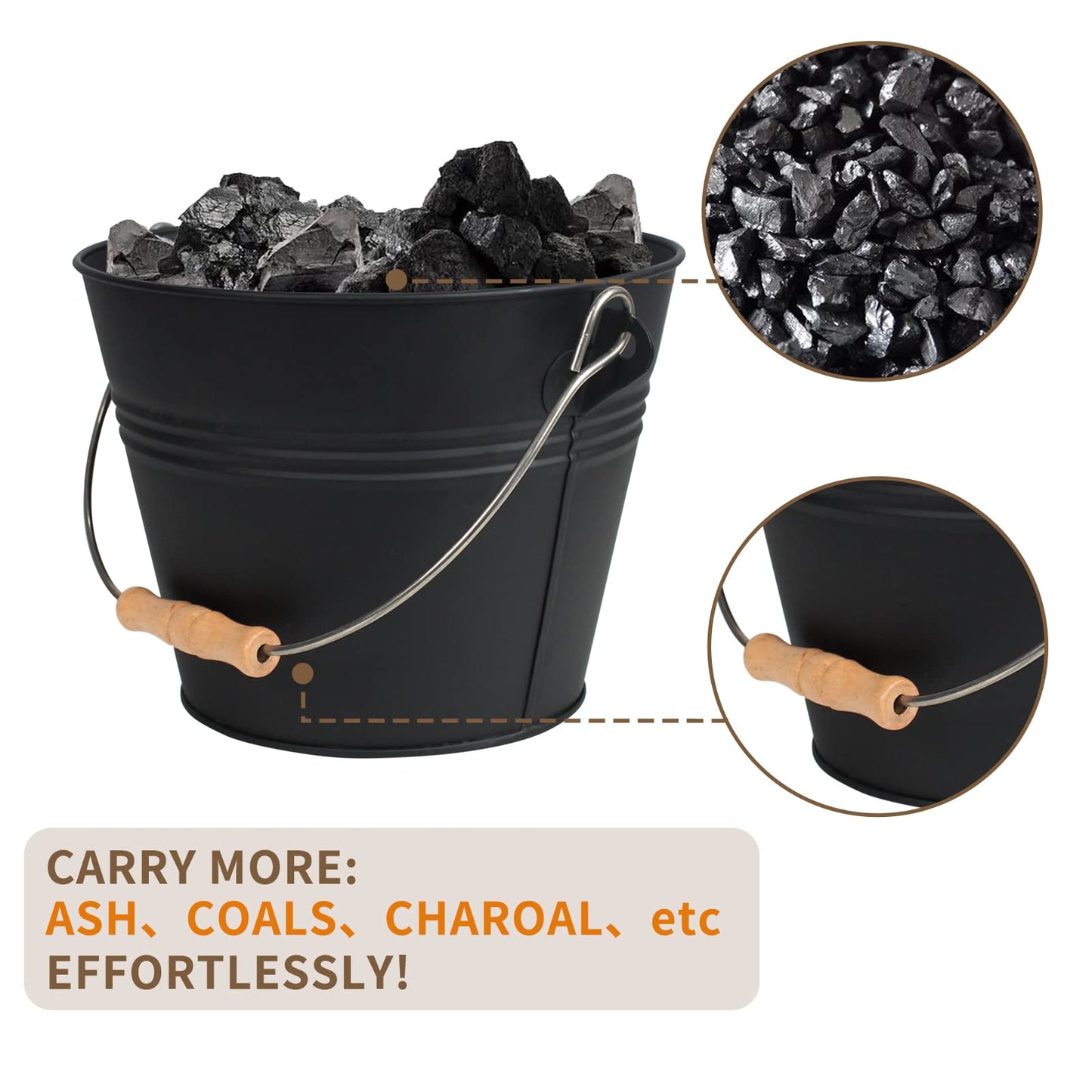 BRIAN & DANY ash bucket with lid, Round coal bucket for fireplaces, 5L bucket with shovel and hand broom, Tool set accessories for fireplace, fire pit, wood stove.