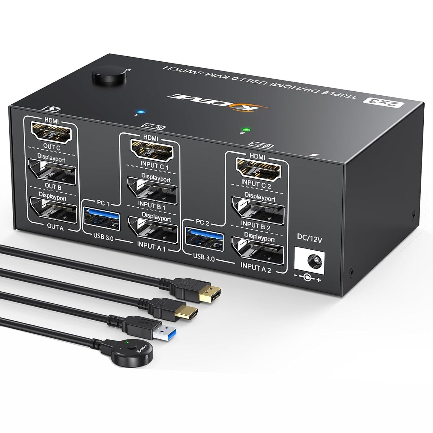 KCEVE KVM switch for 2 computers and 3 monitors, USB 3.0 KVM switch HDMI + DisplayPort, 8K@60Hz/4k@144Hz triple monitor KVM switch for 2 computers, 3 displays, and 4 USB 3.0 devices.