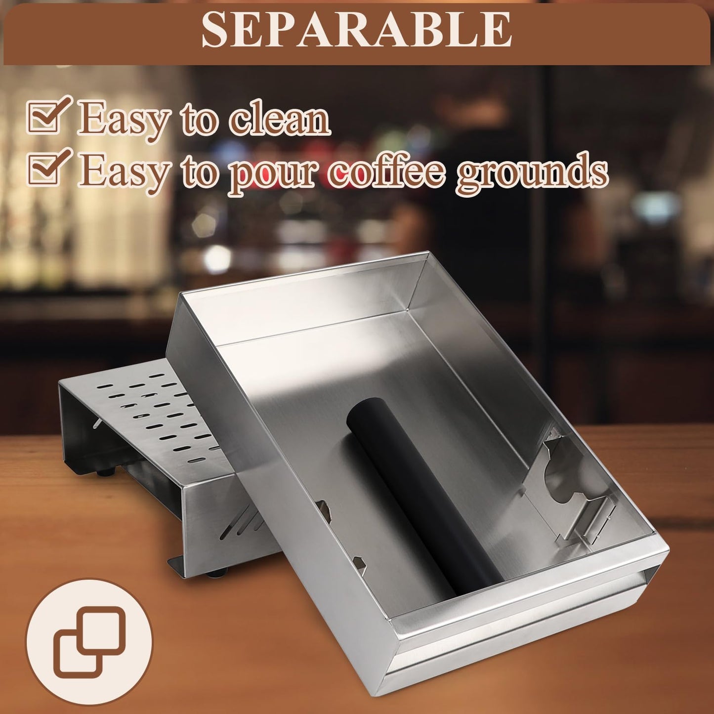 EFUTURETIME knock box for espresso machine coffee, made of stainless steel with removable noise-absorbing rod. Dimensions: 350 x 250 x 100mm, color: silver.