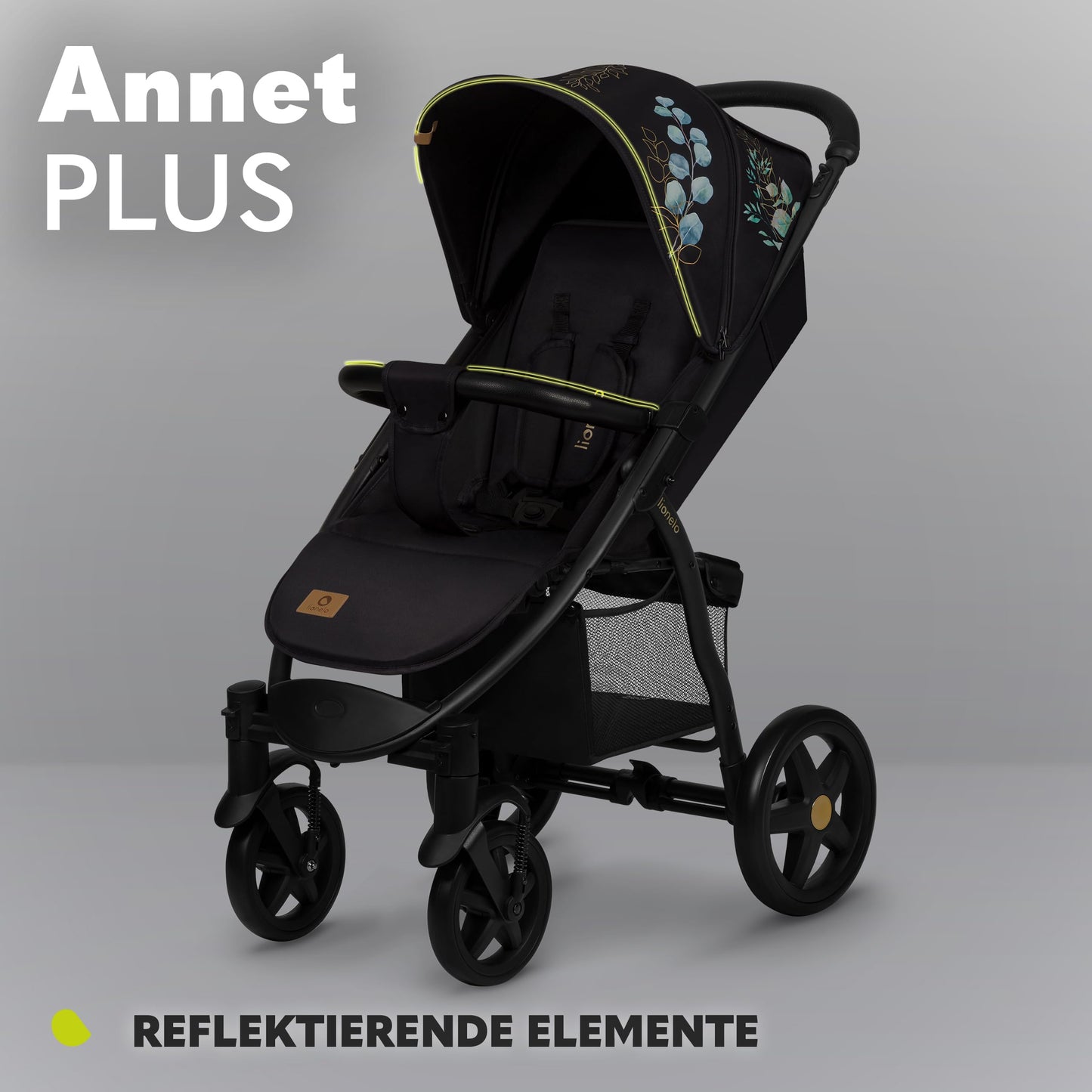 LIONELO Annet Plus stroller up to 22 kg with adjustable backrest, compact fold with accessories, EVA foam wheels, mosquito net, footmuff, cup holder, basket