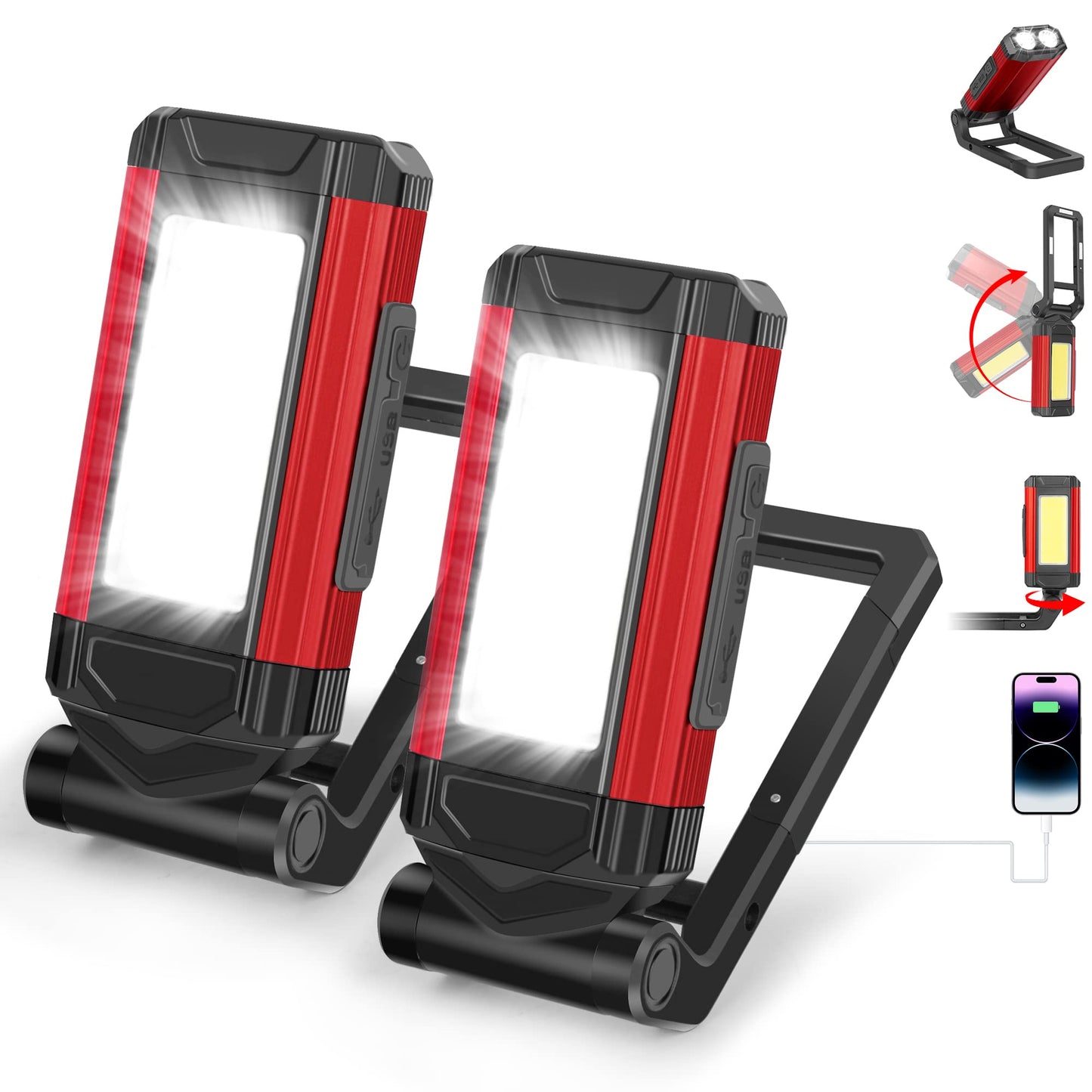 Daphomeu LED Work Light 2 Pack, Ultra Bright COB Work Light & LED Flashlight, Red Emergency Light with Rotatable Magnetic Base, Rechargeable Inspection Lamp for Auto Repairs, Workshop, and Camping.