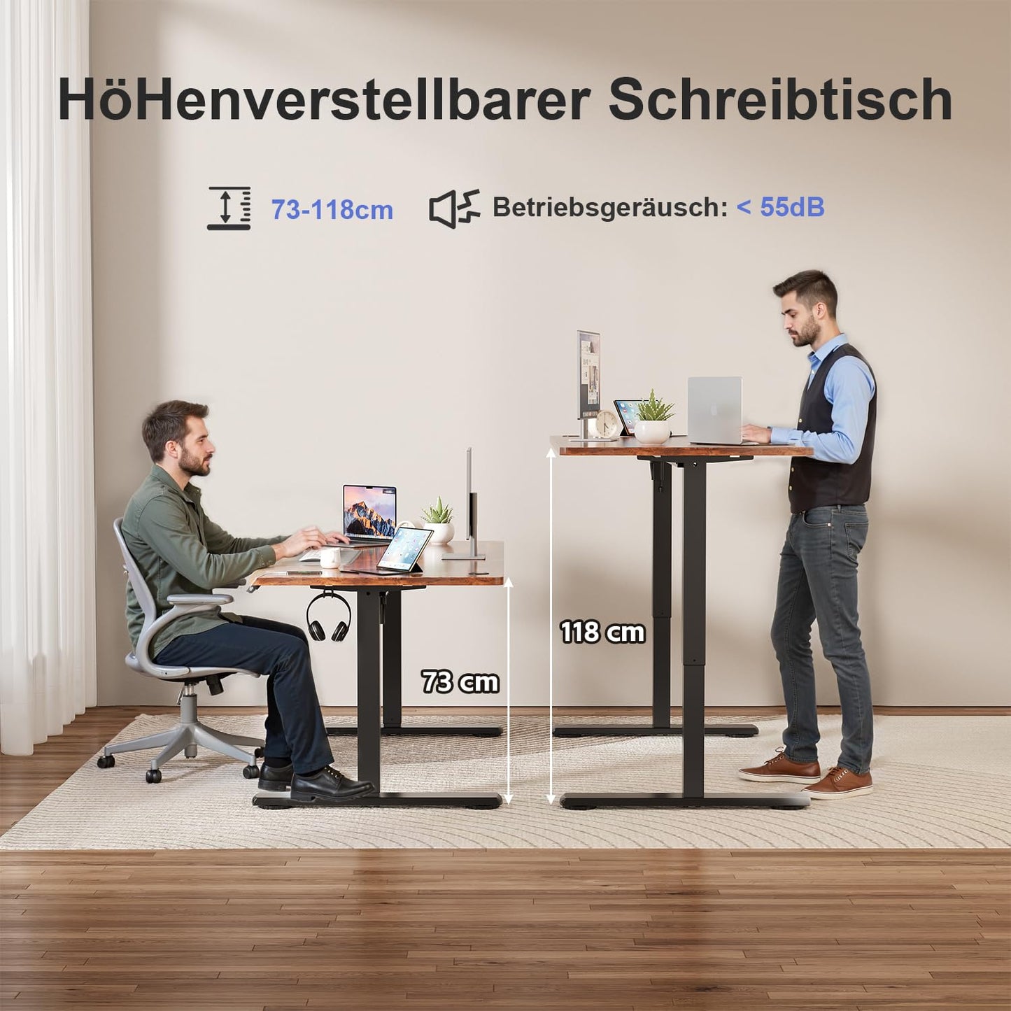 JUMMICO Adjustable Standing Desk COMPLETE TABLETOP Electric Height Adjustable Desk with Memory Function Standing-Sitting Table Computer Desk 120 x 60 cm Brown