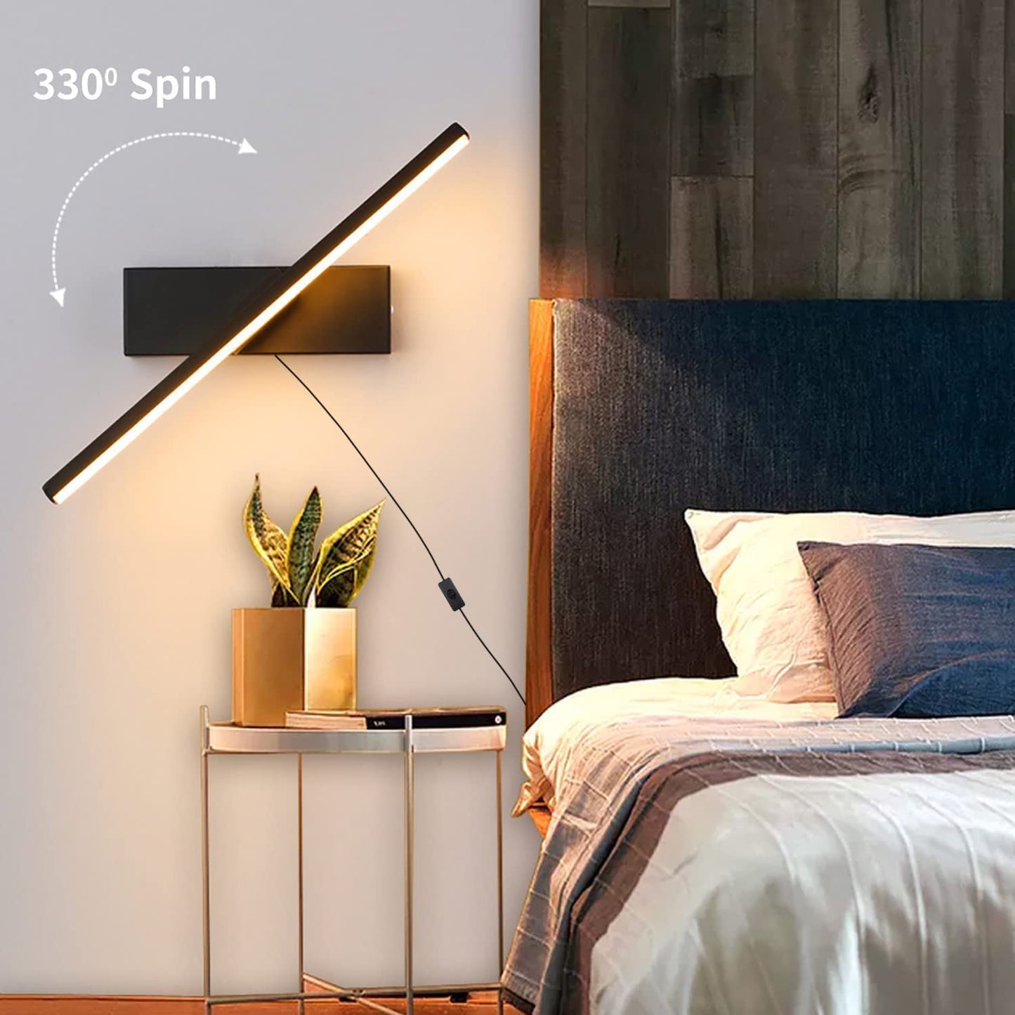 LYTLM Bedroom Wall Light with Plug and Cable, LED Mirror Light with Switch, Dimmable Bedside Lamp Indoor Reading Lamp Bathroom Wall Light Children's Room Wall Lighting 330° Rotatable 6W (Black)