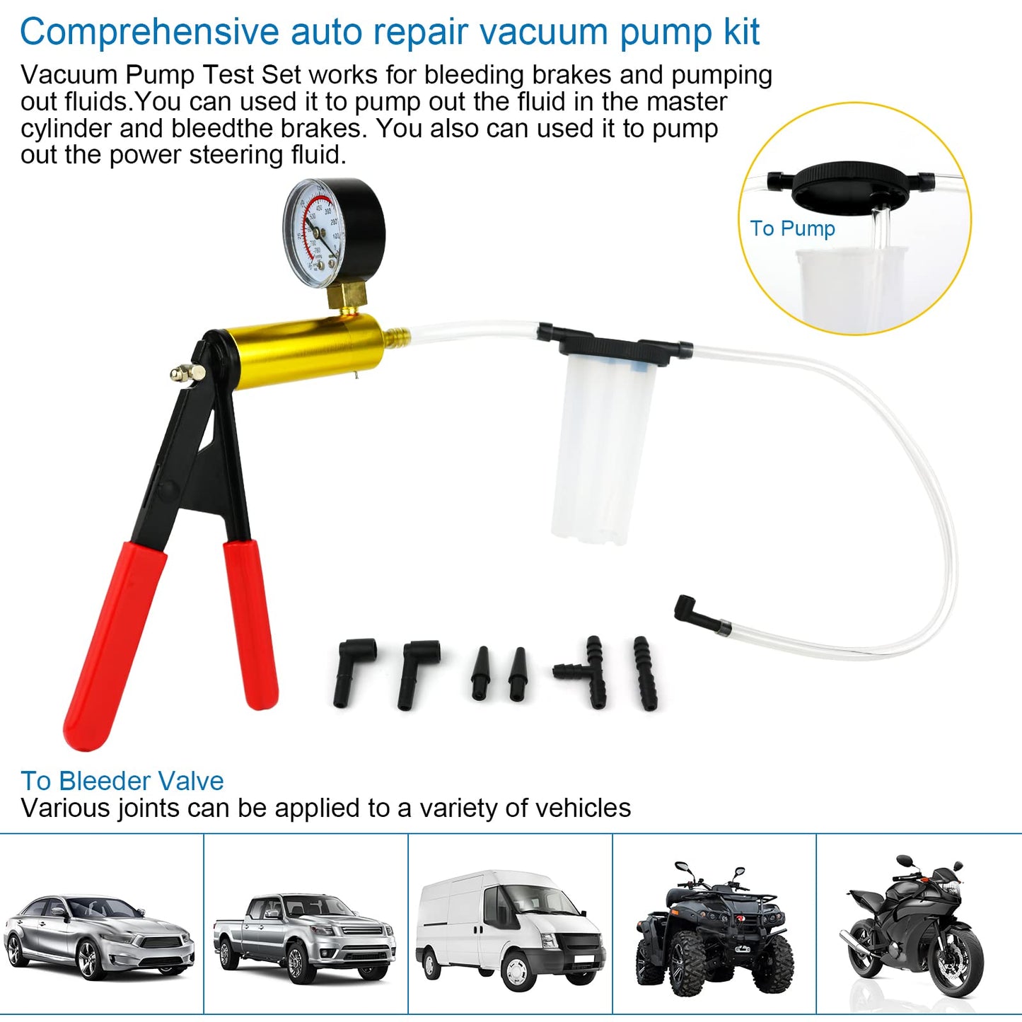 Awsuc Vacuum Pressure Tester Automotive Vacuum Pump Brake Bleeder Vacuum Tester Kit Brake Bleeding Tool, Vacuum Pump Motorcycle Brake Bleeder Auto Vacuum Pressure Tester Set