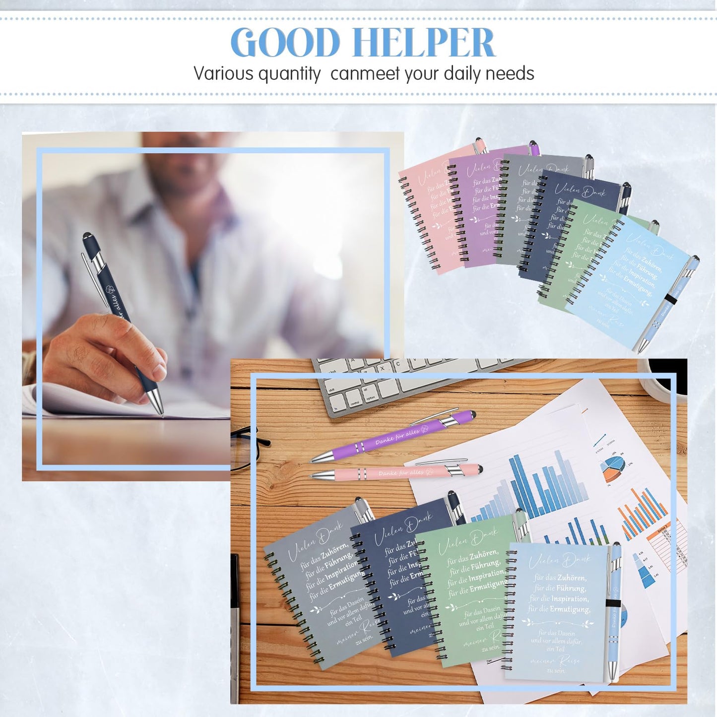 6 Sets Thank You Gifts for colleagues. Includes 6 spiral notepads and 6 pens with touchpens. Farewell gift for coworkers. Motivational gift set for Christmas. (Thank you)