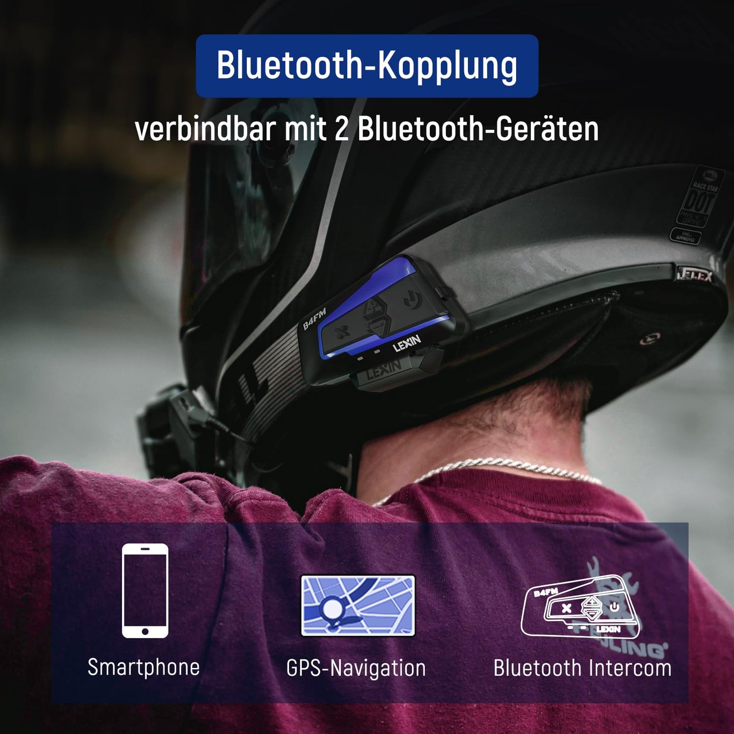LEXIN B4FM Motorcycle Intercom, Helmet Headset for up to 10 riders with 2000m range, DSP and CVC noise cancellation Motorcycle Helmet Communication System with music sharing function.