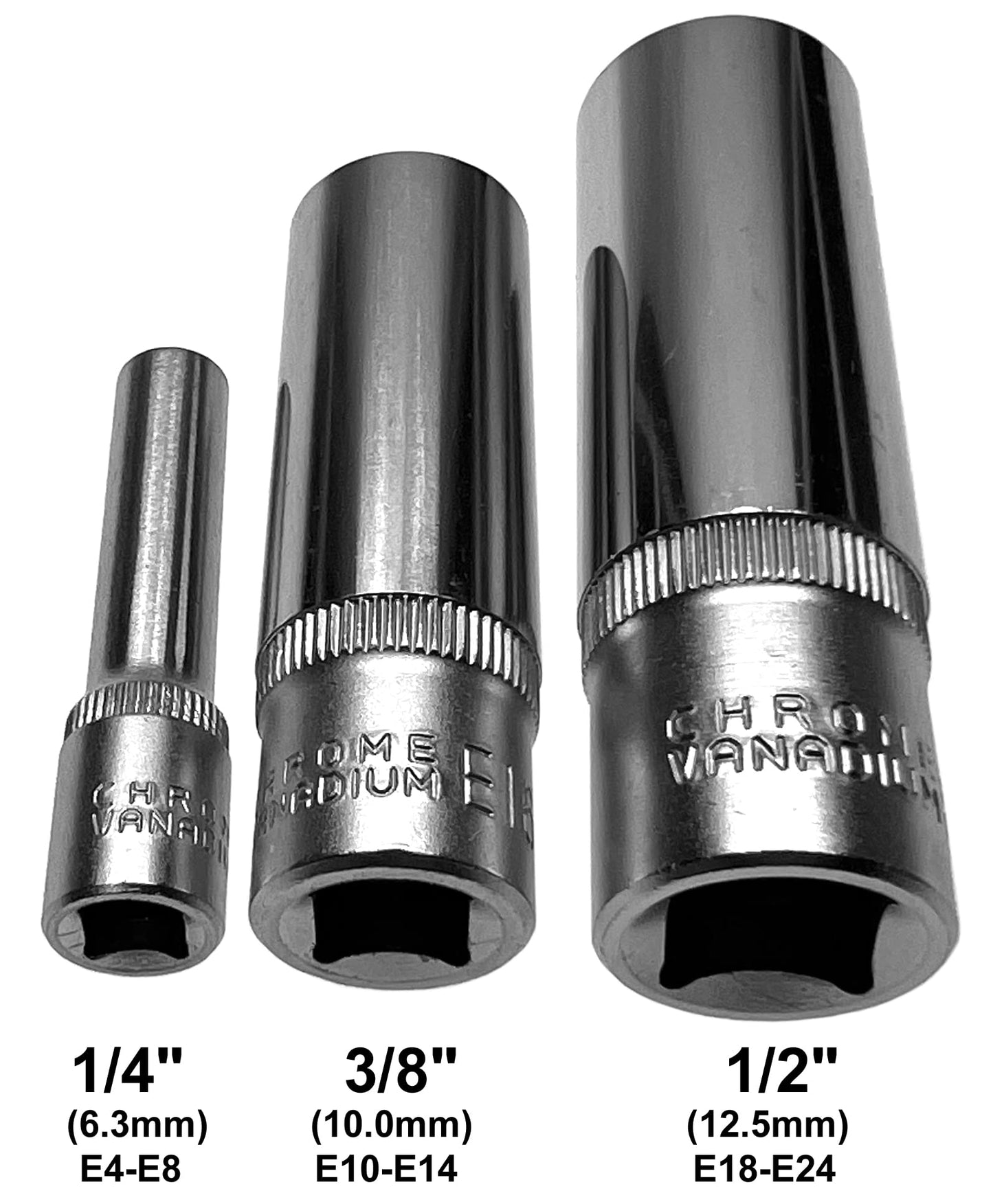 Alkan socket inserts (long/deep) E-profile sockets from E4 to E24 for external Torx screws 1/4", 3/8" and 1/2" drive on socket rail - CV steel socket, 14 pcs.