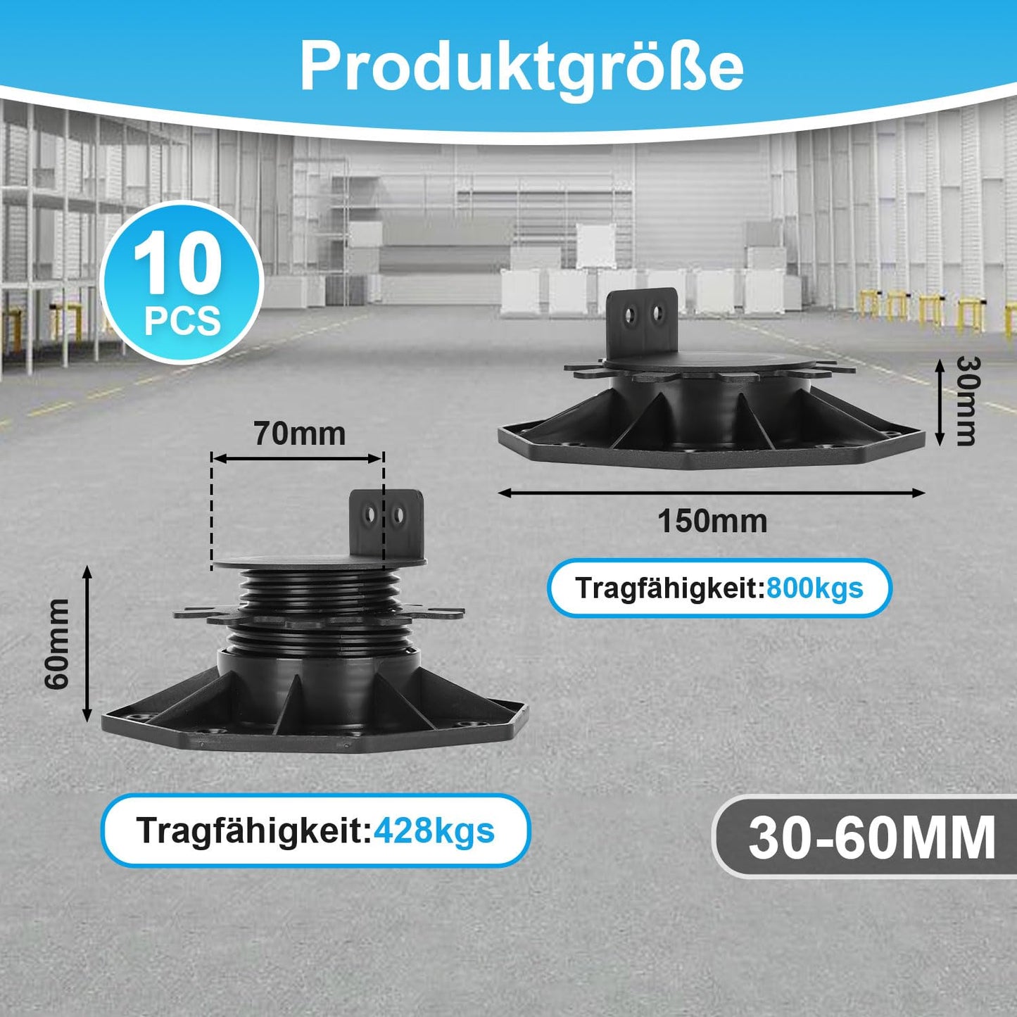 Jiubiaz 10 x Adjustable Pedestal Supports Height Adjustable 18-140 mm for Terrace Substructure Wood WPC, Size: 30-60 mm