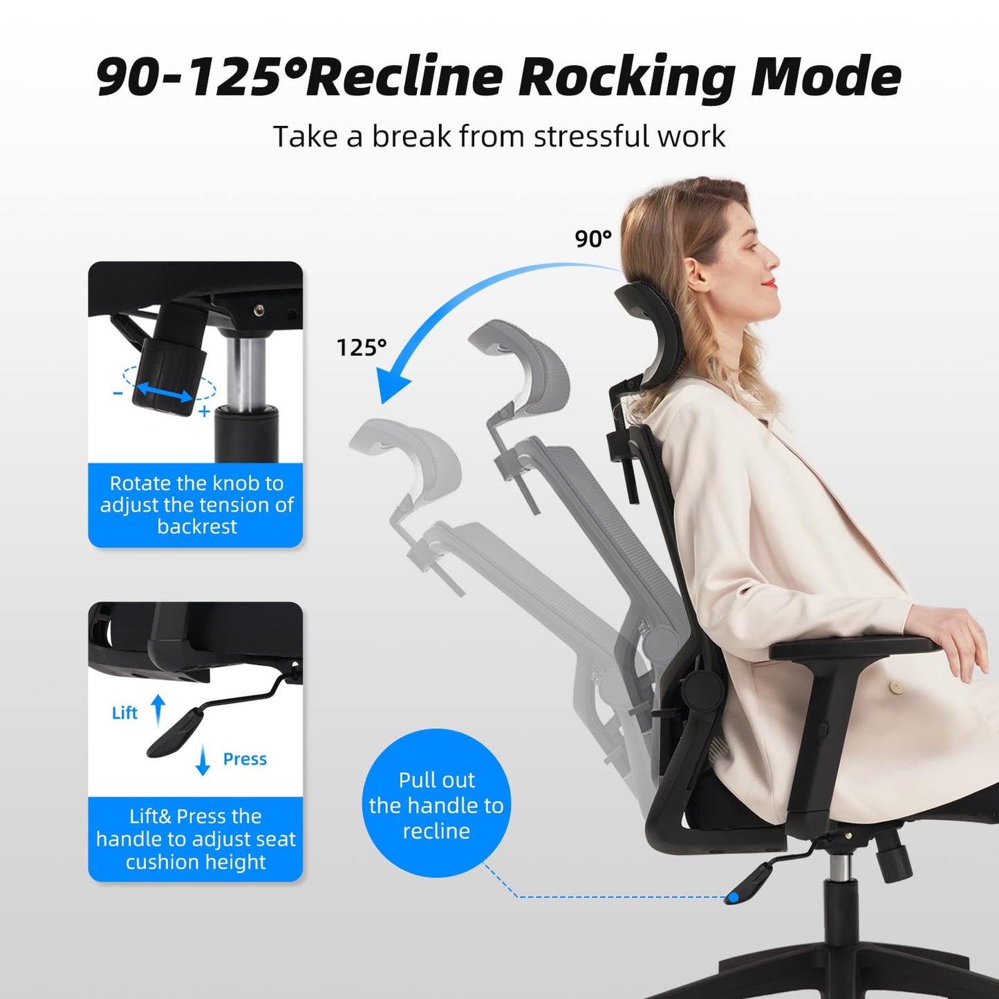 Daccormax Office Chair Ergonomic, Desk Chair with Adjustable Headrest, Armrests, Lumbar Support, Swivel Chair Tilt Function, Executive Chair made of Mesh, Back-friendly, Office Chair 150kg