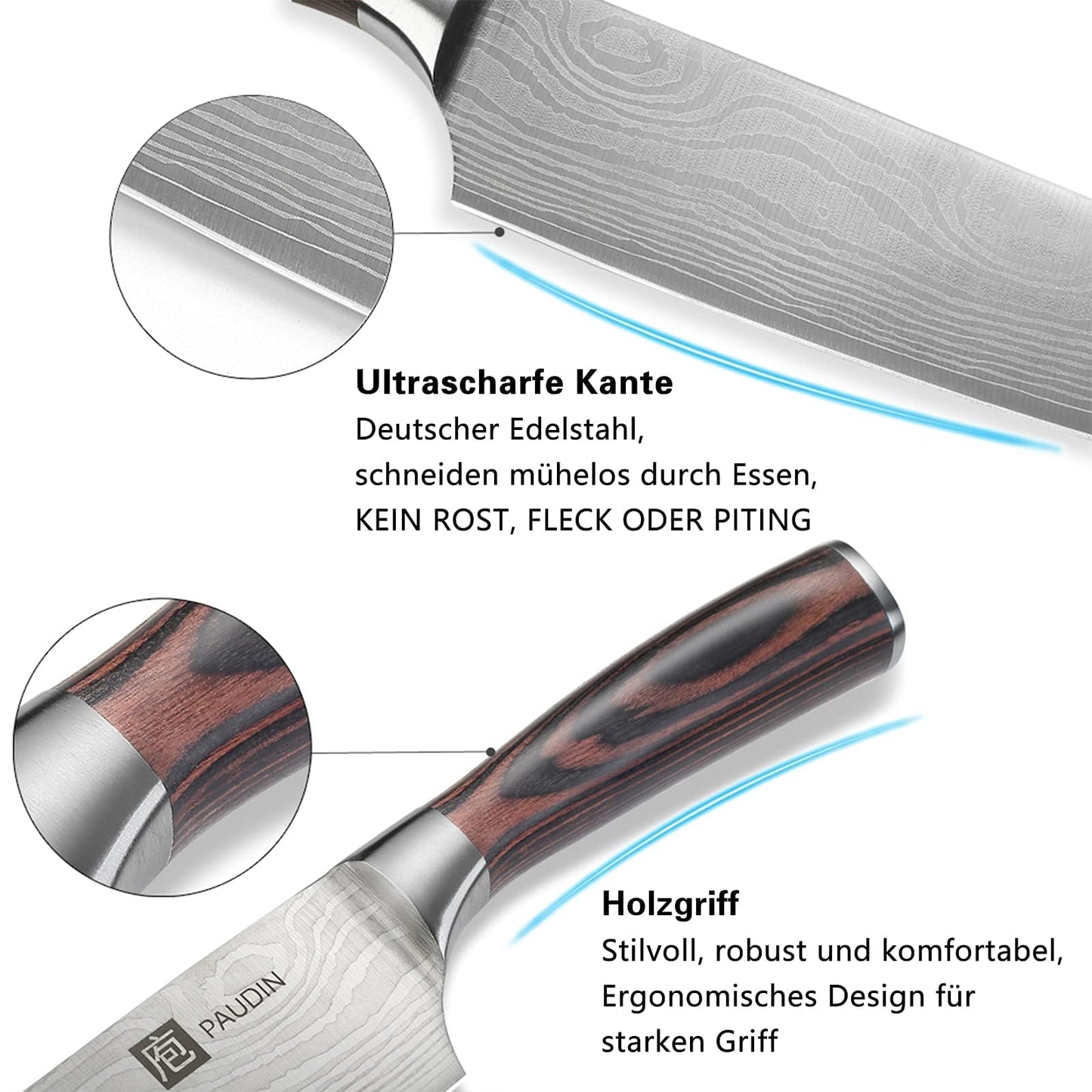 PAUDIN chef's knife, blade length 20 cm professional kitchen knife chef knife utility knife made of high-quality carbon stainless steel, extra sharp knife blade with ergonomic handle