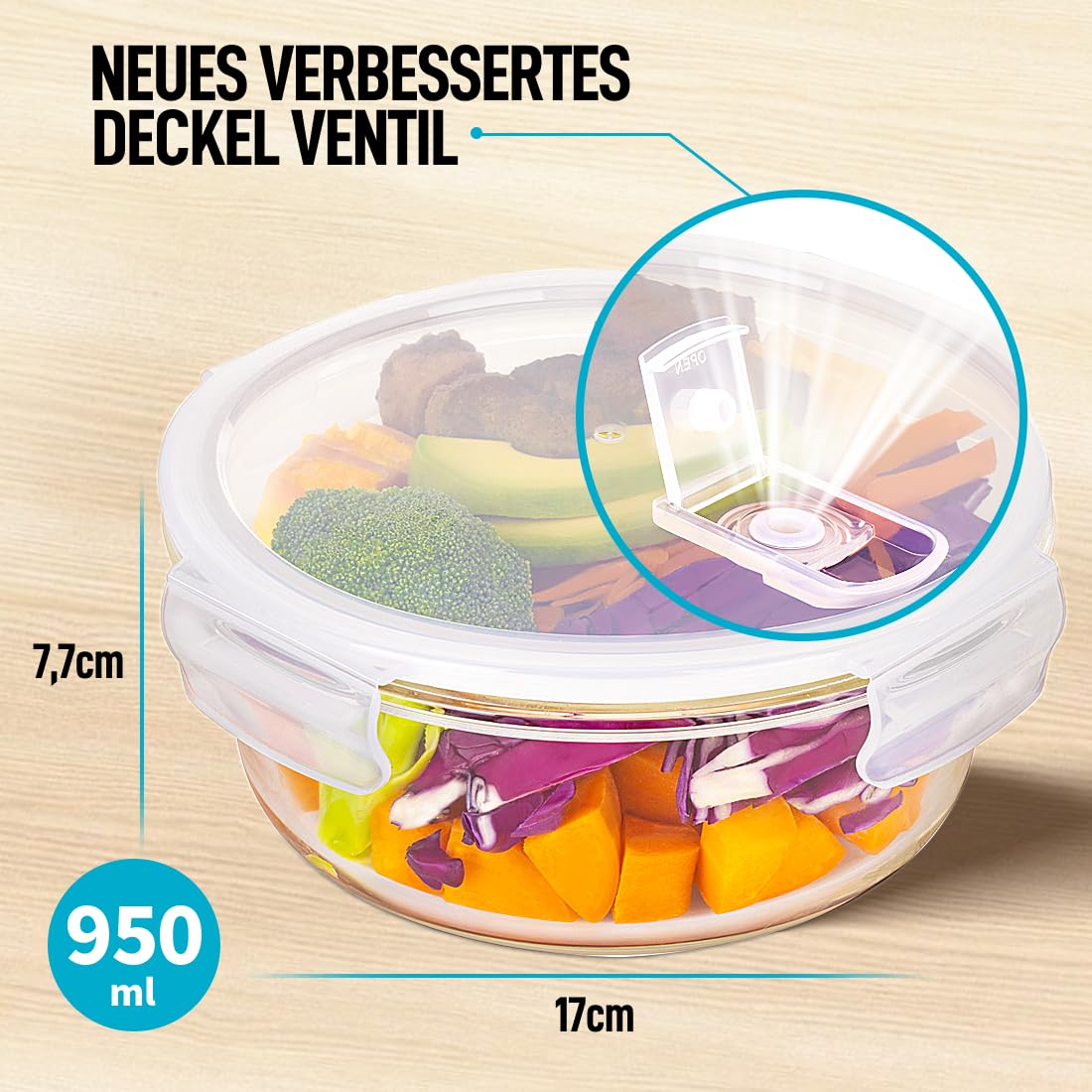 Igluu Meal Prep Round Glass Food Storage Containers with Lid (5-Pack + 1 Spare Lid) – microwave, oven, freezer, dishwasher safe, leak-proof – 840 ml – 1 Compartment - BPA-free Borosilicate Glass