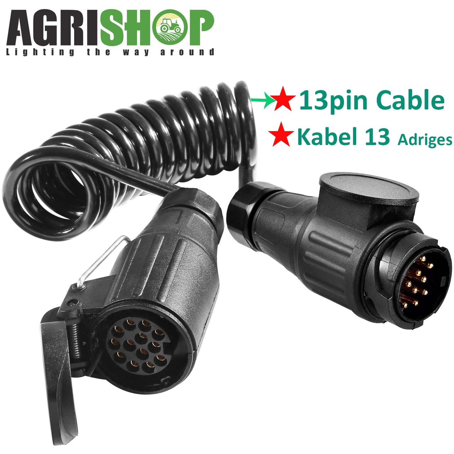 AgriShop Trailer Extension Cable Adapter 13-Pin to 13-Pin, 1.8M Coiled Trailer Cable 13-pin Trailer Extension with Male Female Plug, Adapter Trailer Coupling 13 to 13 pin CE